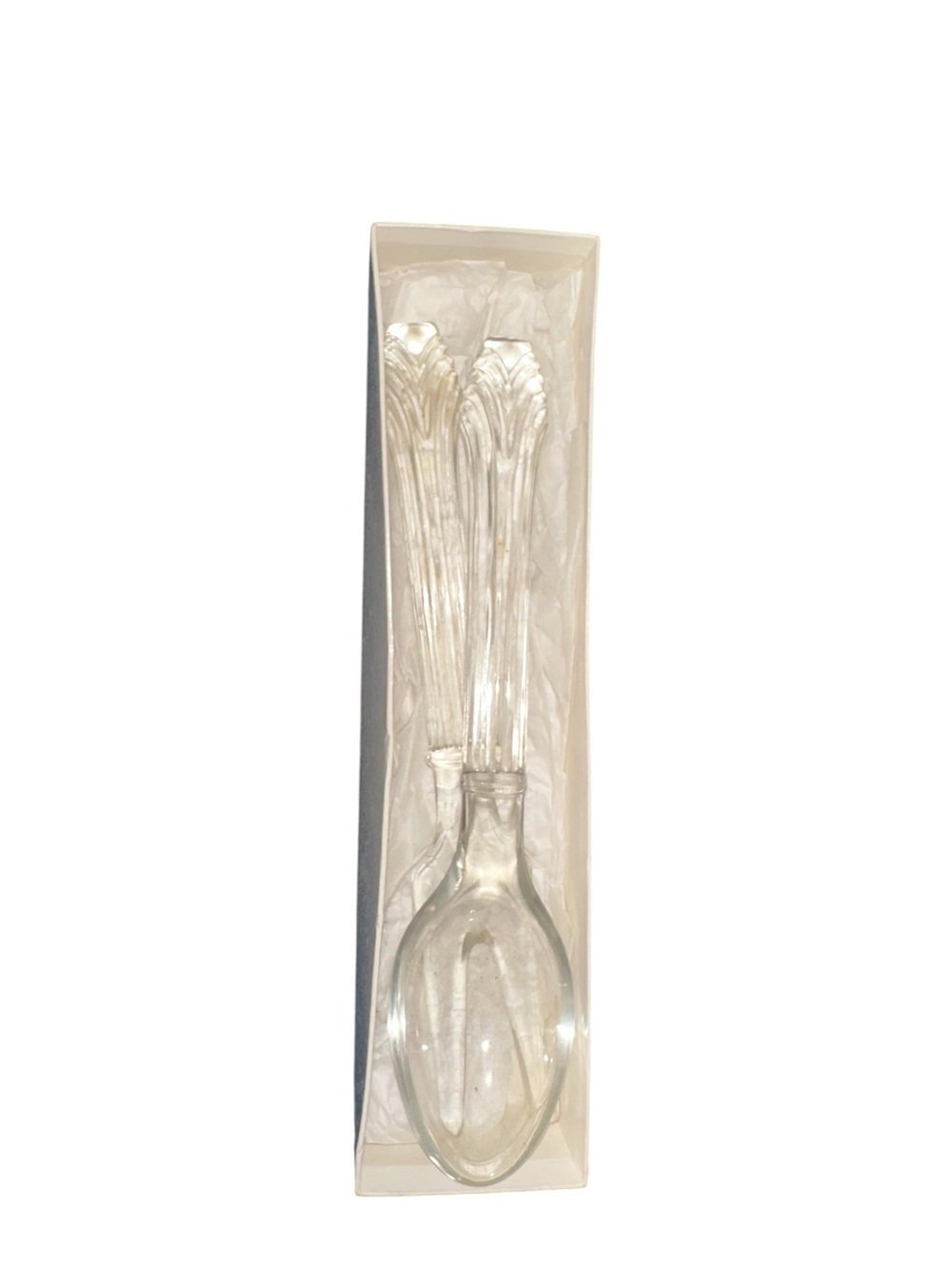 Vintage Glass Serving Utensils Spoon & Fork in org department store gift box